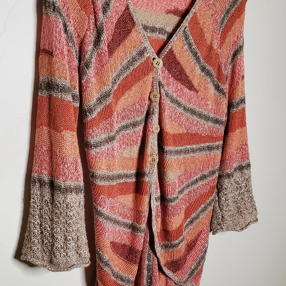 Slouchy Stripes Peach Pink and Tan Radial Natural Style Cardigan - Picture 8 of 12